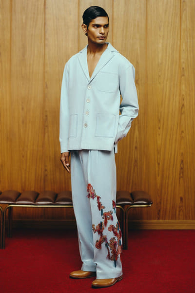 Blue embroidered shacket set