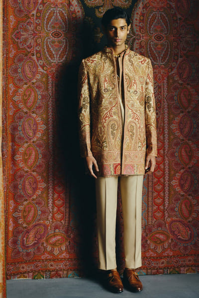 Beige kashida embroidered jacket set