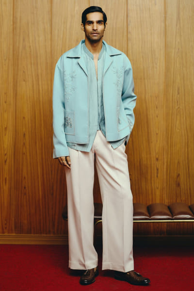 Blue tonal embroidered jacket set