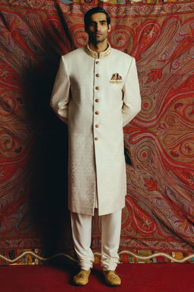 Ivory embroidered achkan set