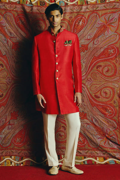 Dolly J Red embroidered achkan set DOLAPR26D142222