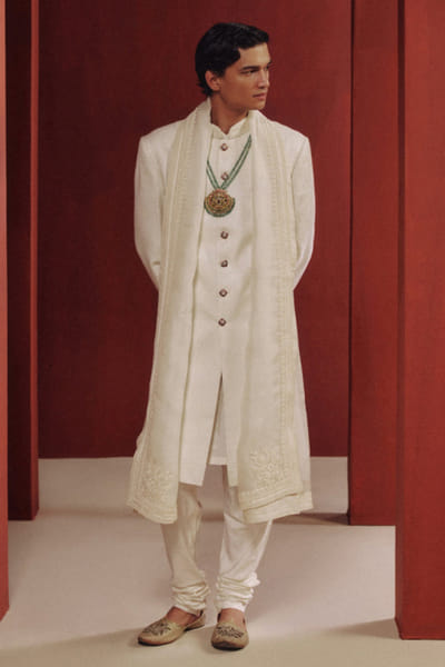 Dolly J White dori embroidered banarasi sherwani set DOLLJUL26D149488