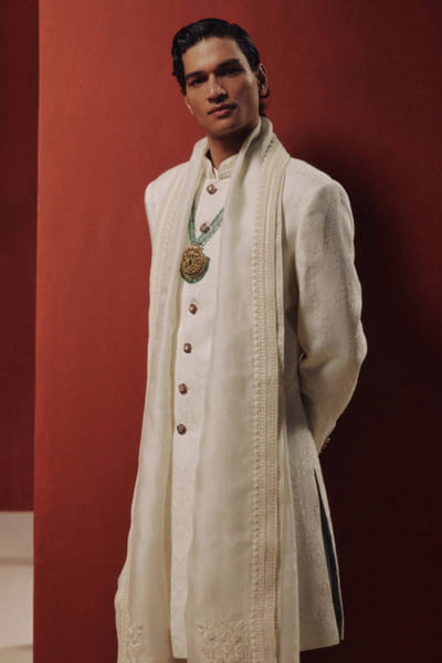 Dolly J White dori embroidered banarasi sherwani set DOLLJUL26D149488