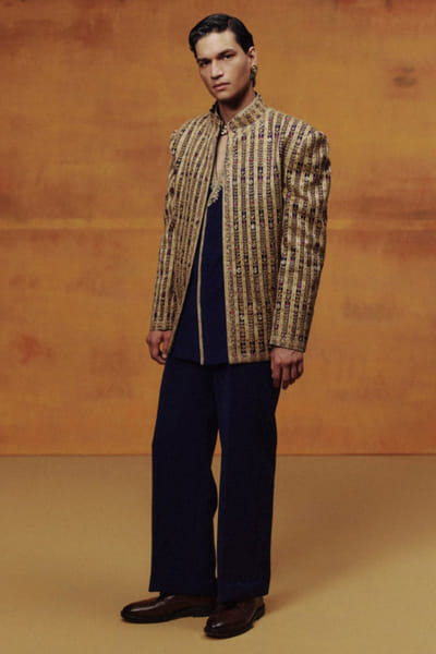 Dolly J Blue hand embroidered woven open jacket set DOLLJUL26D149479