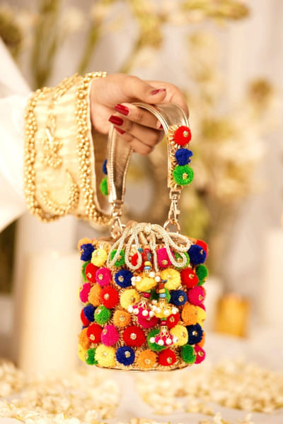 Multicolour pom-pom gota patti bucket bag