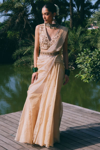 MIRASA Gold banarasi embroidered pre-drape sari set MIRAJUN26D147242