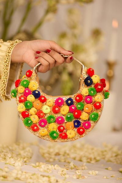 Multicolor pom-pom gota patti crescent handbag