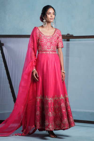 Fuchsia pink embroidered anarkali set