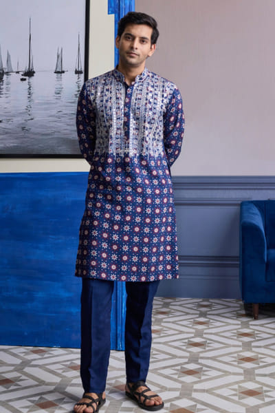 DiyaRajvvir Dark blue printed kurta set DIYAAUG26D251984