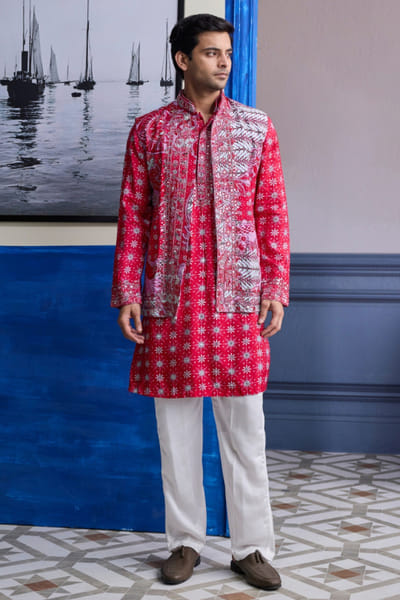 DiyaRajvvir Red print embroidered bandi kurta set DIYAAUG26D251985