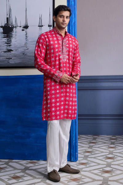 DiyaRajvvir Red printed kurta set DIYAAUG26D251986