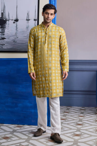 DiyaRajvvir Yellow printed kurta set DIYAAUG26D251987