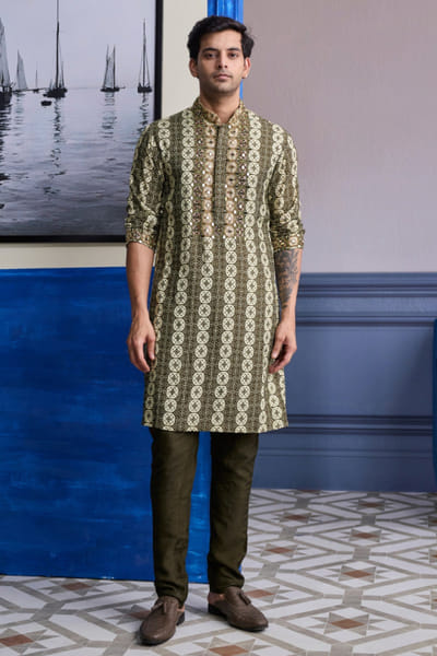 DiyaRajvvir Olive green printed kurta set DIYAAUG26D251991