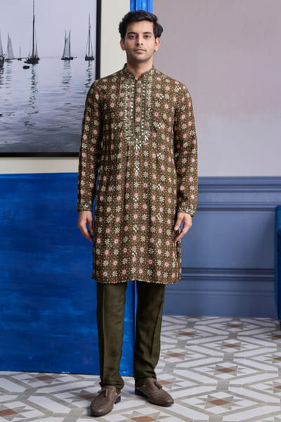 DiyaRajvvir Olive-green printed kurta set DIYAAUG26D251992