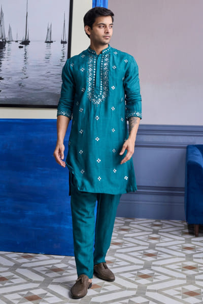 DiyaRajvvir Teal green embroidered kurta set DIYAAUG26D251995