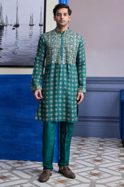 DiyaRajvvir Teal green printed kurta set DIYAAUG26D251996