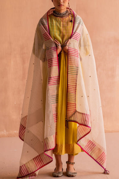 White hand block printed dupatta