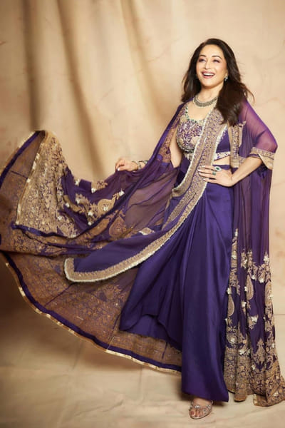 Anamika Khanna Purple embellished cape and sari set ANAMJUL26D148824