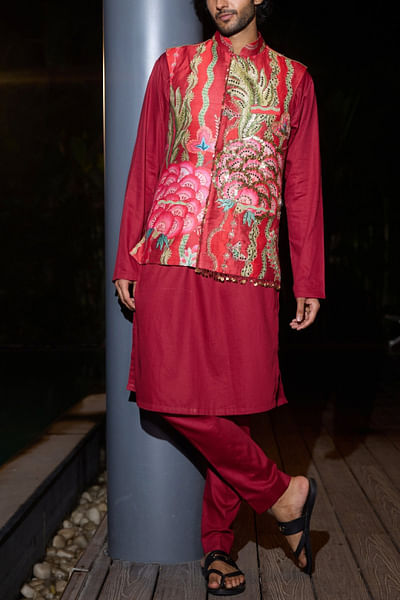Red floral printed bandi and kurta set