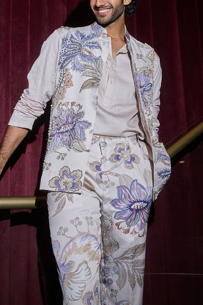 Ocean blue floral print embroidered bandi