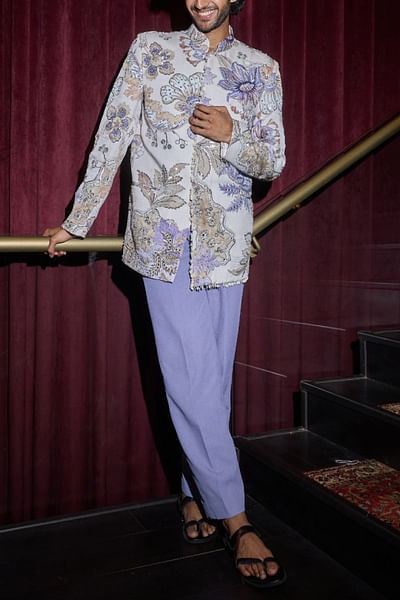 Ocean blue floral print embroidered bandhgala set