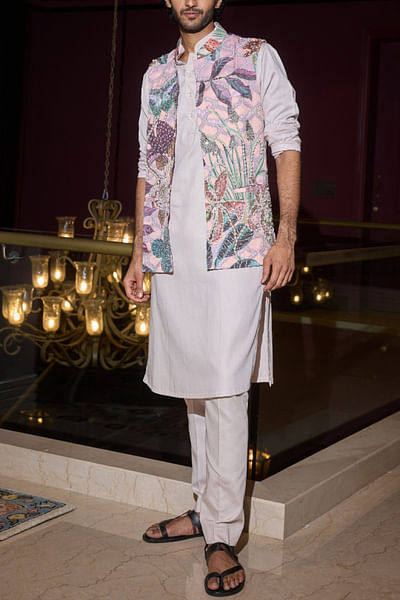 Multicolour leaf printed bandi and kurta set