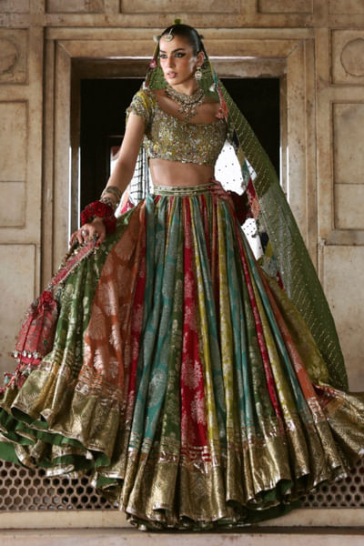 Multicoloured embroidery lehenga set