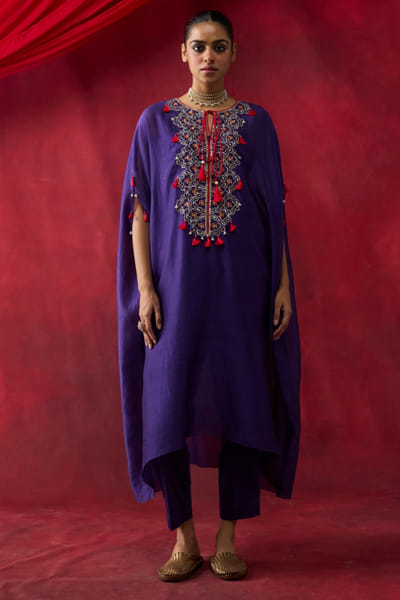 Purple embroidered silk kaftan set