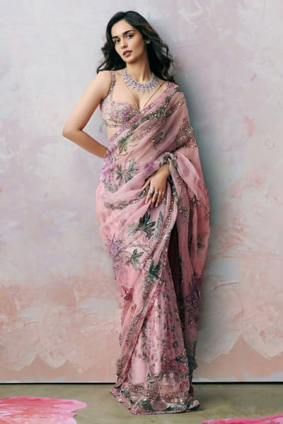 Blush pink printed sari set