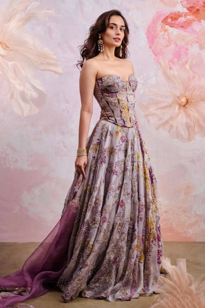 Lilac steel printed silk organza lehenga set