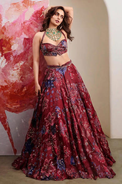 Royal red embroidery printed lehenga set