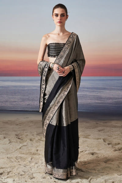 Black and silver zardozi embroidered sari