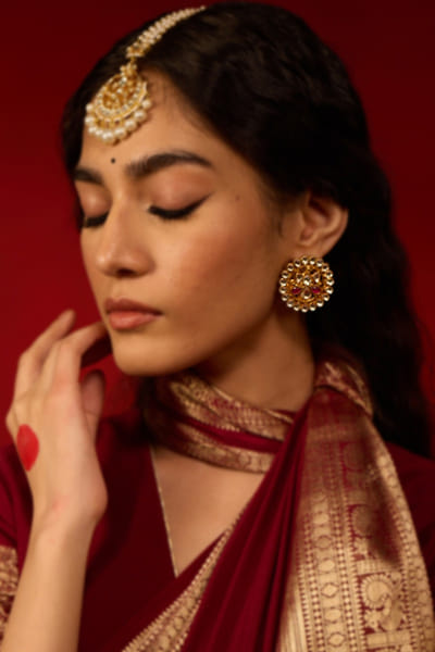 Gold lotus kundan jadau stud earrings