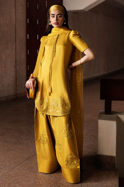 Mustard floral embellished kurta set