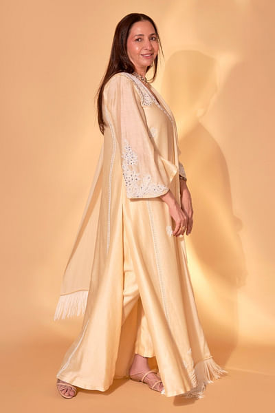 Butter yellow embroidered kaftan set