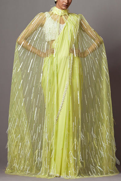 Lime embellished cape and sari set