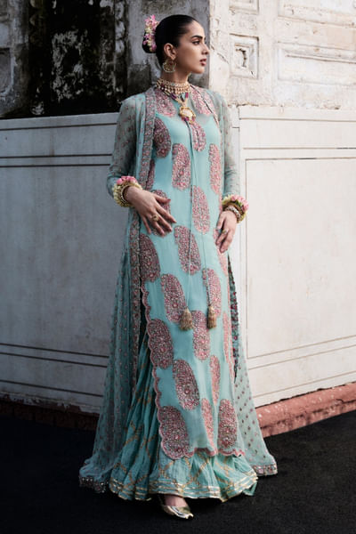 Ice blue paisley embroidered jacket kurta set