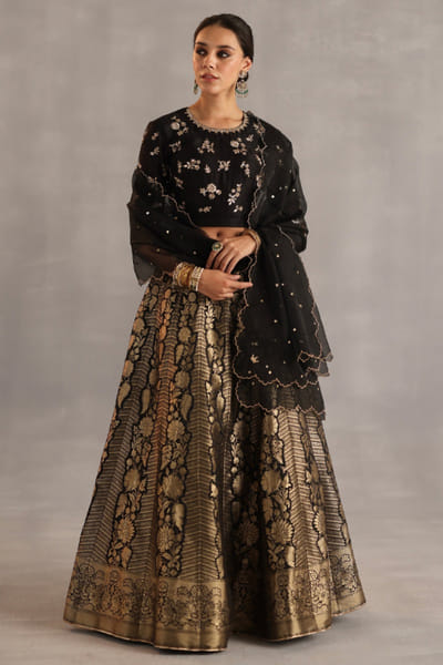 Gold and black embroidered woven lehenga set