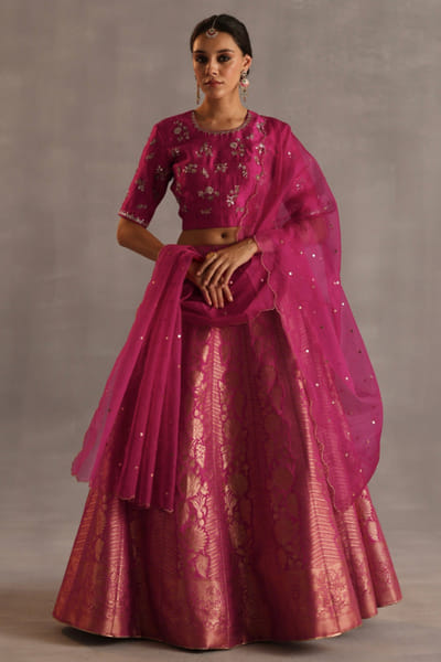 Magenta embroidered and woven lehenga set