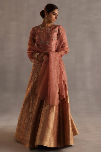 Peach embroidered and woven lehenga set