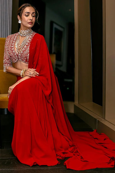 Red pre-draped sari set