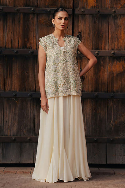 Aneeka Ruknuddin Butter yellow embellished top and dress ANEEJUL26D148986