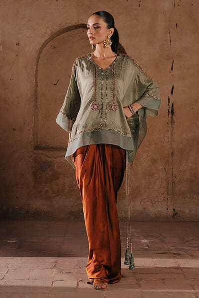 Aneeka Ruknuddin Grey embellished top and draped skirt set ANEEJUL26D148988