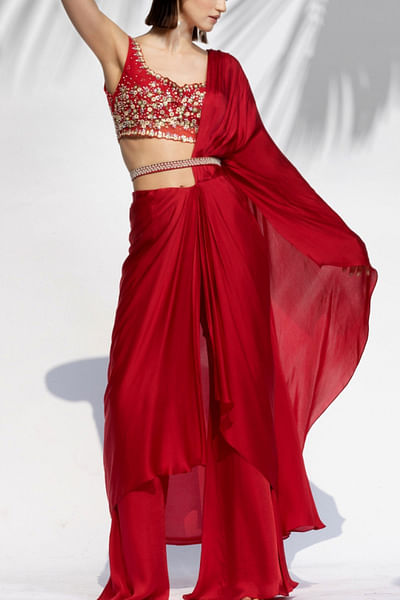 Ruby red draped sari set