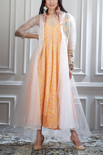 Peach and ivory printed chiffon dress set