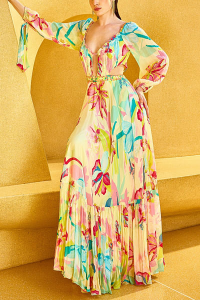 Multicolour floral printed tiered dress