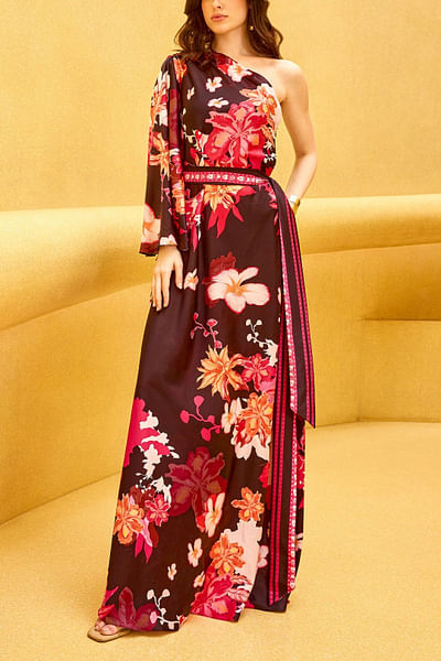 Black floral printed one-shoulder kaftan dress