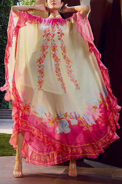 Beige and pink floral printed ruffled kaftan