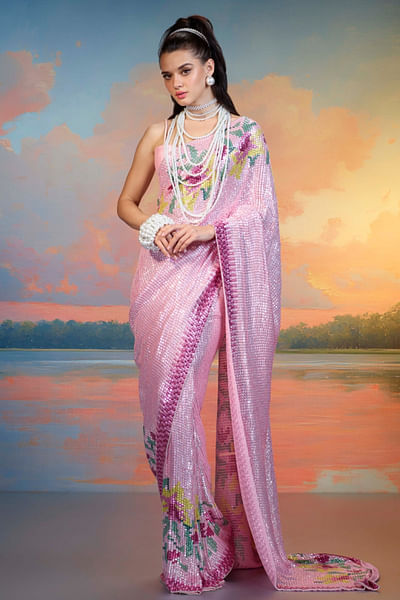 Pink sequin sari set