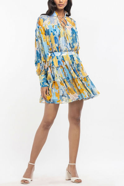 Yellow and blue printed top and skirt